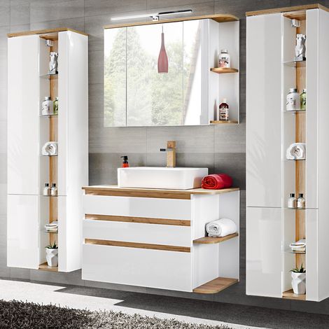 Badmöbel Set mit Keramik-Waschtisch CAMPOS-56, Hochglanz weiß mit Wotaneiche, 2 Hochschränke B/H/T: ca. 214/200/50 cm (1/5)