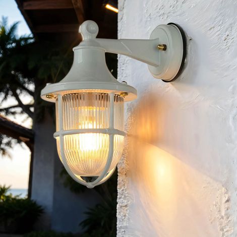 Außenleuchte Wand Garten IP64 Weiß E27 Maritim Messing massiv Glas Außenwandleuchte SANTORIN
