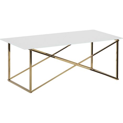 Mesa de centro rectangular tablero de vidrio templado blanco patas doradas base de acero inoxidable 100 x 50 cm glam Emporia