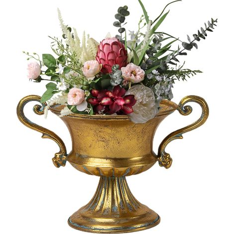 Vase à Fleurs en métal Vase en métal de 15 cm de Style Vintage en Forme trophée Couleur dorée sur Pied avec poignée Pot Fleurs décoratif Facile à Monter soi-même idéal pour Un Centre Table. (1/5)