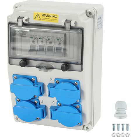 Randaco Distribuidor de pared con interruptor protector, distribuidor de corriente para obras con 4 enchufes Schuko y 4 enchufes CEE de 16 A, caja de distribución de corriente para construcción (1/5)