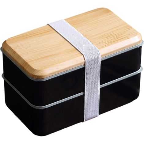Boîte à lunch pour adulte avec compartiments (1,3 L), boîte à lunch rectangulaire empilable, comprenant un ensemble de couverts, un récipient à sauce, boîte à lunch étanche - noire (1/5)
