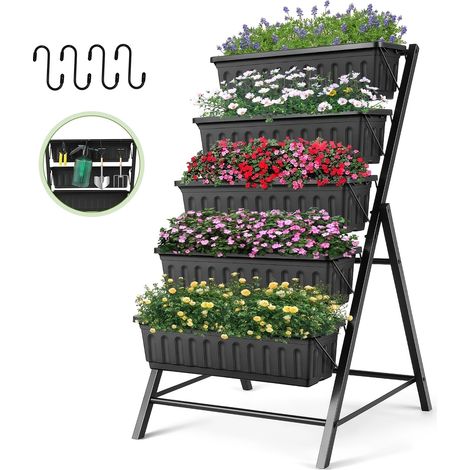 Fioriera verticale rialzata da 120 cm, orto verticale a 5 livelli con 4 ruote e 4 ganci, supporto rialzato per ortaggi e fiori, ideale per giardino, terrazzo o cortile, colore nero. (1/5)