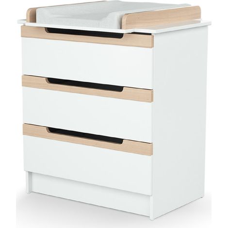 Les Tendances – Commode à langer 3 tiroirs en hêtre massif et panneaux agglomérés – Plan à langer amovible – Dimensions 79 x 66 x 94,5 cm – Coloris blanc/hêtre verni