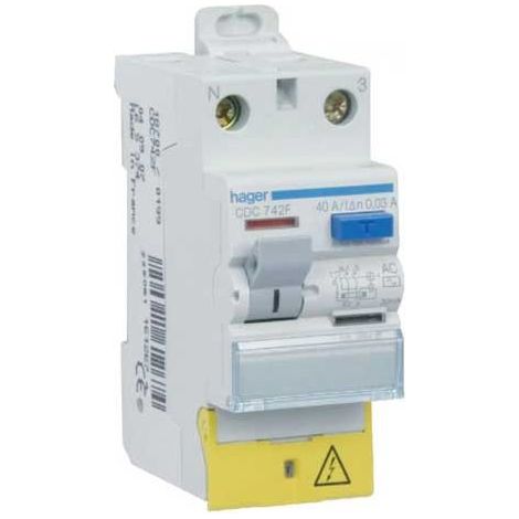 Hager – Interrupteur différentiel 2P 40A 30mA type AC – Protection contacts indirects – Installation rail DIN – Raccordement à vis – Fréquence 50Hz