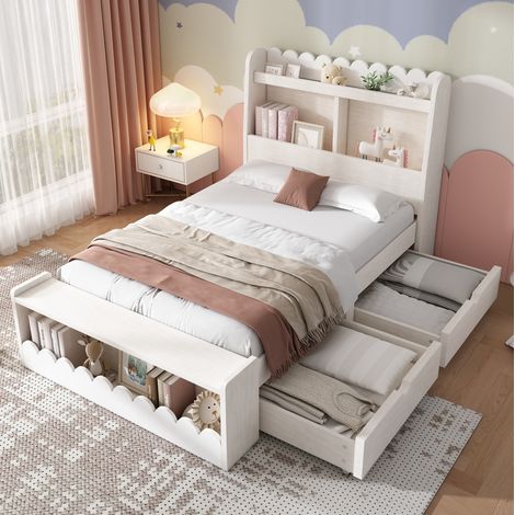 Letto singolo bambini 90 x 190 cm in legno con 2 cassetti, ripiano, panca e rete a doghe, bianco, senza materasso (1/5)