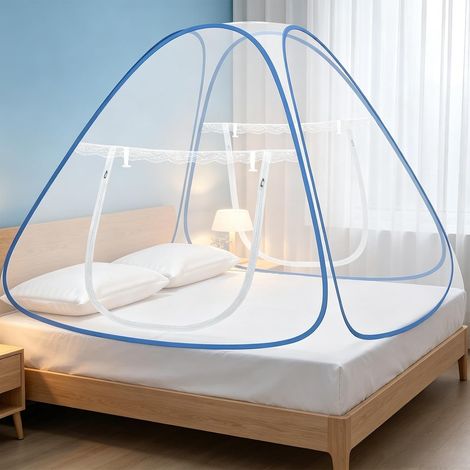 Moustiquaire de Lit Pliable Dôme, 2 m x 2 m x 1,5 m Moustiquaire Pop-up pour lit Double, Fermeture à Glissière Double Porte, Rideau Tente Portable pour Camping, Chambre à Coucher (1/5)
