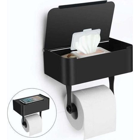 Porte-papier hygiénique avec étagère, support mural en acier inoxydable SUS304/support de papier hygiénique adhésif, distributeur de lingettes jetables pour le rangement des lingettes de salle de bain (1/5)