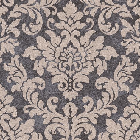 Papier peint gris anthracite et beige pour chambre Tapisserie grise et beige baroque pour couloir Papier peint baroque élégant (1/4)