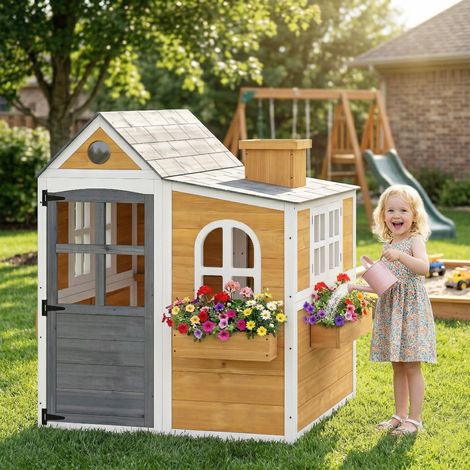 Cabane enfant extérieur Bois Jaune maison extérieure/intérieure porte fenêtres 3 bacs fleurs