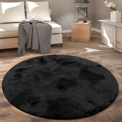 Paco Home Teppich Rund Fellteppich Kunstfell Plüsch Bettvorleger Shaggy Wohnzimmer Kinderzimmer Schwarz, Ø 100 cm Rund