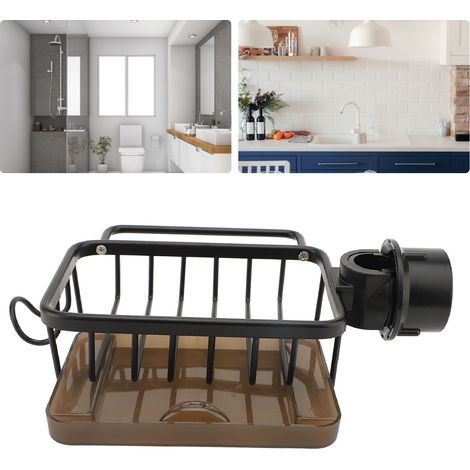 Multifunktionale Seifenschale für den Wasserhahn [Küche] [Organizer] Erhöhter Abtropfkorb, rechte Seite [Schwarz] Aluminium mit Abtropfschale [1 Stück] (1/5)
