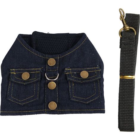 Veste en jean pour chien, harnais, doux, confortable, respirant, gilet en jean avec laisse en nylon pour animal de compagnie, chat, bleu foncé, S (1/5)