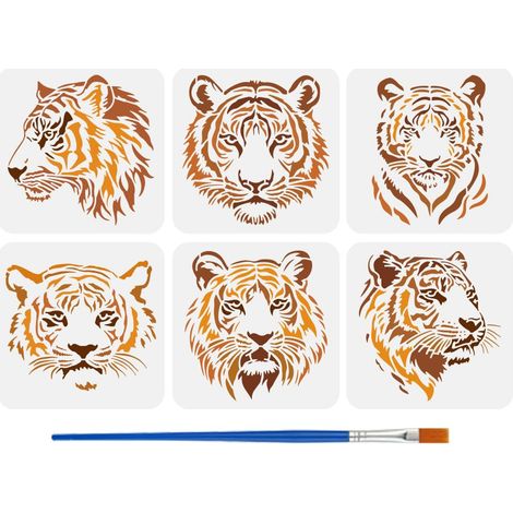 6 Styles Pochoirs Motifs de Têtes de Tigre Avec Un Pinceau Pochoirs Peinture de Tête de Tigre Orientés Vers Avant 20x20cm Pochoir Tête Tigres Orientés Vers Côté Modèle Thèmes Animaliers (1/5)