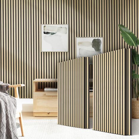 Panneaux acoustiques en placage bois 2,88 m² - 120 cm x 240 cm (Lot de 4 panneaux de 120 cm x 60 cm) Coloris : Aspect bois Revêtement mural Panneaux acoustiques Panneaux muraux 3D (1/5)