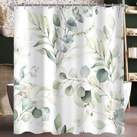 Duschvorhang, 180 x 180 cm, Blattmuster, beschwerter Saum, schimmelresistent, wasserdicht, waschbar, Polyester, mit 12 Ösen (1/4)