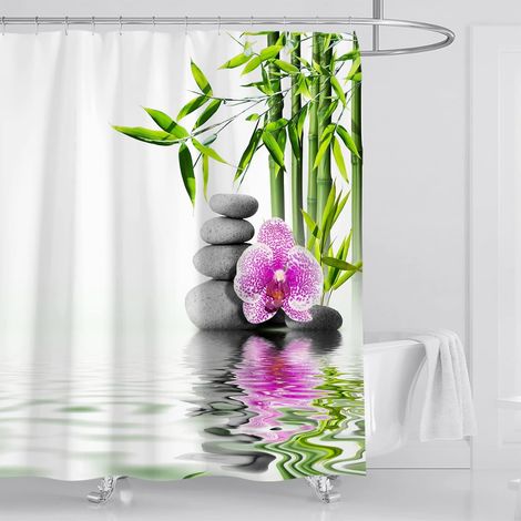 Rideau de Douche Anti Moisissure Galet Zen Imprimé Rideau Douche Tissu Imperméable Polyester 200x200 cm 3D Orchidee Bambou Rideaux de Douche Baignoire Lavable Machine Blanc Vert (1/5)