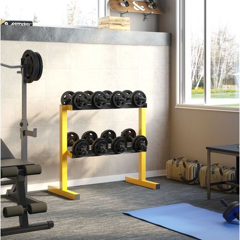 Soporte para mancuernas de acero de 2 niveles, 92,5 x 50,5 x 80,5 cm, amarillo, OKWISH (1/5)