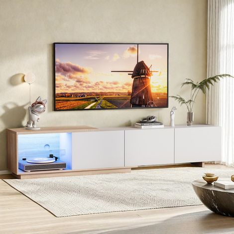 Meuble TV de style scandinave–3 portes–4 compartiments de rangement–Panneau de fibres à densité moyenne–Design élégant et moderne–240 x 38 x 44 cm (1/5)