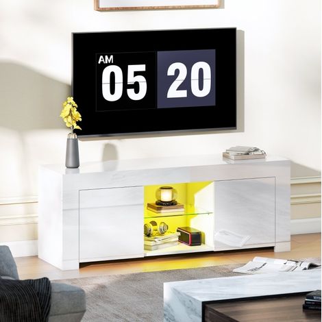 Mueble TV LED 120 x 34 x 45 cm, 2 puertas, estante de vidrio, pasa-cables, blanco HAVRYA (1/5)