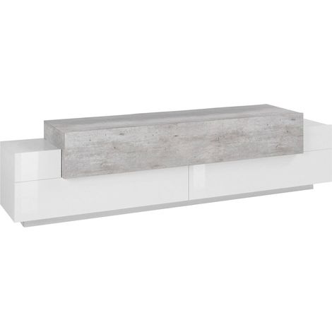 Dmora Mobile da soggiorno Porta TV, Made in Italy, Supporto per TV da salotto a 3 ante e ripiani, cm 200x45h52, colore Bianco lucido e Cemento, con imballo rinforzato (1/5)