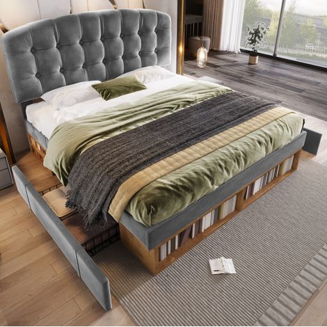 Cama doble con almacenamiento cabecero ajustable gris HAVRYA (1/5)