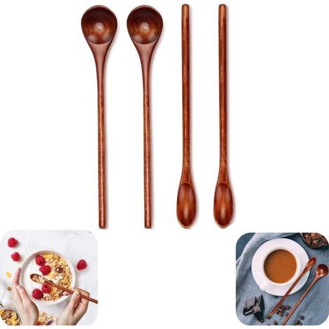 Cuillères à café en bois lot de 4 - cuillères à thé et à dessert pour sucre et riz au lait, tailles assorties (1/5)