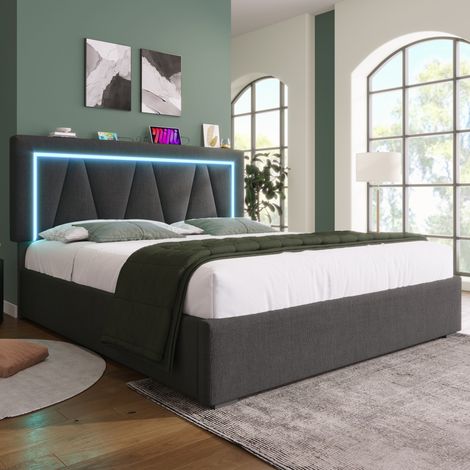 Cama doble 140x200 cm con iluminación LED y carga USB-C almacen somier moderno natural lino juvenil (Sin Colchón) (1/5)