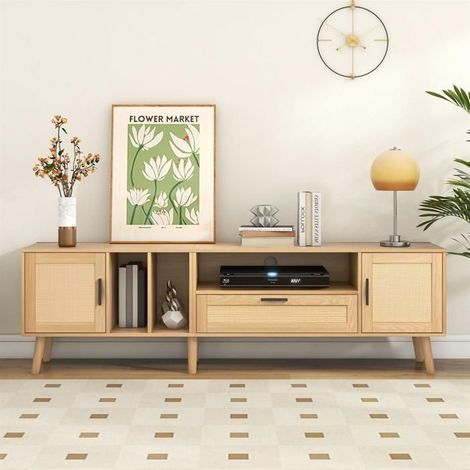 Meuble TV - Naturel - 180 cm - Finition rotin - 2 portes - 1 tiroir (1/5)