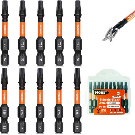 Jeu de 10 Embouts de Vissage Torx T25 50 mm, Acier S2, Embouts Magnétiques pour Visseuse à Choc, Tige Hexagonale 1/4" avec Boîte de Rangement (1/5)