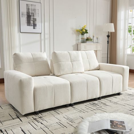 Canapé modulable 3 places 213 cm convertible en lit, assise profonde réglable 68 cm, revêtement chenille, canapé compact 213×94×84 cm - Beige Blanc (1/5)