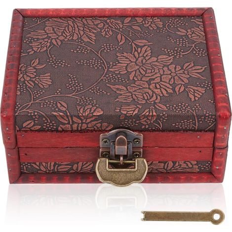 Coffret à Bijoux Vintage Rouge en Bois avec Serrure à Clé et Cadenas en Fer. Coffret de Rangement pour Bijoux Bagues et Autres Petits Trésors. Idéal comme Cadeau (1/5)