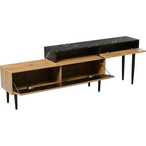Meuble TV moderne avec design marbre et bois, pieds en fer, bordure PVC, couleur bois foncé (1/5)
