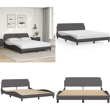 Cadre de lit sans matelas gris 160x200 cm similicuir - Cadre De Lit - Lit Double - Similicuir - Design Moderne - Têtière Intégrée - Home & Living (1/5)
