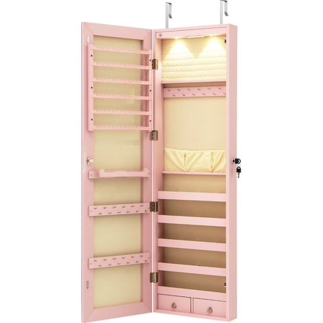Armadio portagioie con specchio in legno a parete con LED interno 35,5x10x120cm Rosa (1/3)