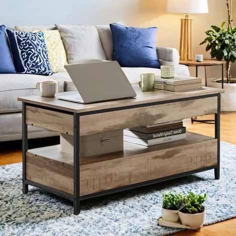 Table Basse Relevable avec Rangements Cachés, 2 Tiroirs, Centre de Salon, 100 cm, Grège (1/5)