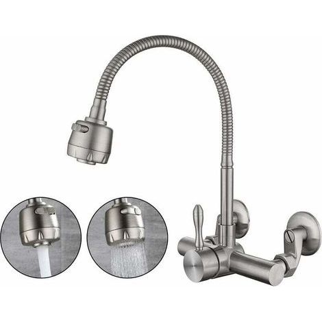 mitigeur Mural Cuisine,Matériau En Acier Inoxydable 304 De Qualité Alimentaire,Rotatif à 360 ° Robinet Mural De Cuisine Des Trous De Montage 6.3CM-24CM (1/4)