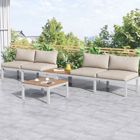 Ensemble table et chaise de jardin,Salon de jardin - 2 canapés + 2 tables d'appoint + 1 table rectangulaire centrale - réglable - métal - 6 places - pour jardin, terrasse ou balcon, marron clair (1/5)