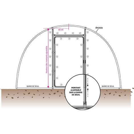 Kit porte adaptable pour serre de H min 1,80 m - max 2 m, Barre de seuil Ø 50 mm, Diamètre de votre arceau 40 mm