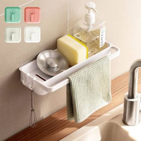 Ecleanfy - Porte-éponges blanc, sans perçage, étagère de rangement murale pour cuisine avec bac égouttoir, à suspendre au-dessus de l'évier. (1/4)