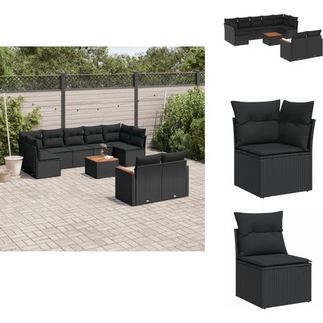 Salon de jardin 10 pcs avec coussins noir résine tressée - Ensemble Salon De Jardin - Mobilier Extérieur - Jardin Design - Chaise Lounge - Table Basse (1/5)