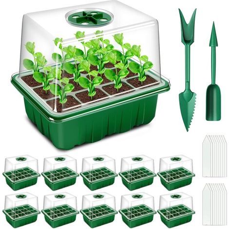 [JAMAIS UTILISÉ] 10 Pièces 120 Cellules Intérieure Plateau Semis avec couvercle rehausse, Bac à semis Pépinière Boîte de Culture Durables, Vert (1/4)