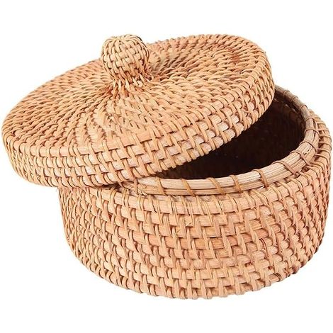 Boîte de Rangement en Rotin Tissé à la Main, Panier en Osier avec Couvercle, Récipient Alimentaire, Panier Cuisine Organisateur pour Pique-Nique Pain Gâteau Aux Fruits, Boîte Décor (1/5)