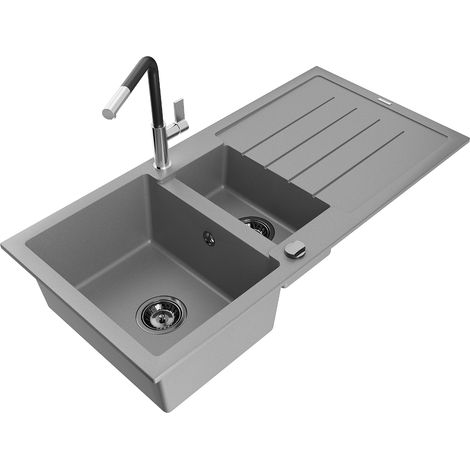 Mexen Andres évier en granit 1,5-bassins avec égouttoir et robinet de cuisine Flora, gris - 6515-71-670401-07-B (1/5)