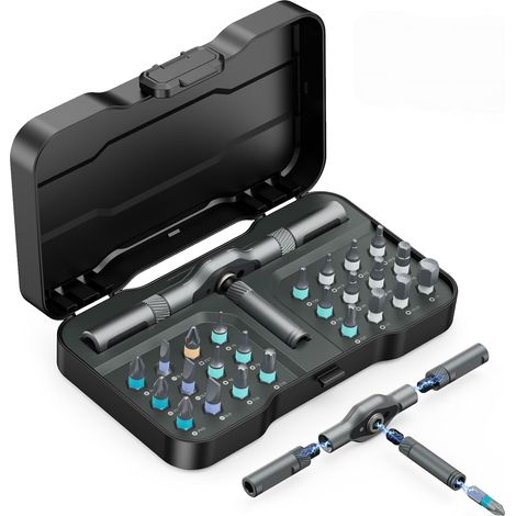 Jeu de Tournevis à Cliquet, 24 en 1 Jeu de Tournevis Magnétiques, Embouts en Acier S2, Poignée en T Amovible, Kit d'Outils de Réparation pour Sonnette, PC, Montre, Meubles, Vélos, Maison