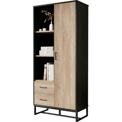Buffet haut design 80 x 40 x 180 cm avec 1 porte, 2 tiroirs et 3 niches ouvertes, finition effet bois et noir, meuble de rangement moderne - CHICFURN (1/5)