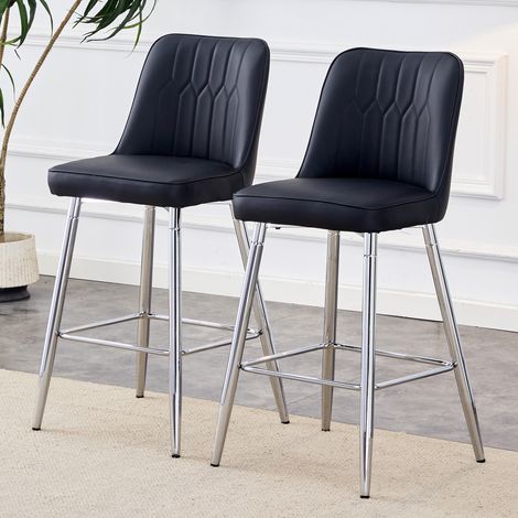 REDOM - Lot de 2 tabourets de bar, assise ergonomique, repose pieds, structure en métal, PU noir et argenté (1/5)