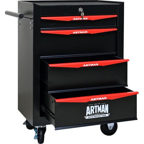 Carrello portautensili in metallo con 4 cassetti, acciaio nero e rosso, 52,5 x 33 x 77,5 cm (1/5)