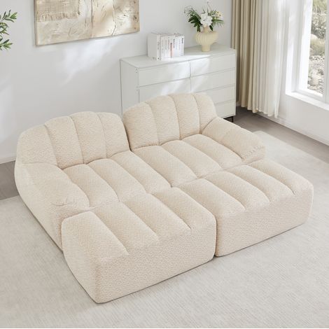 Divano modulare 2 posti con 2 pouf, schiuma 32D, beige HAVRYA (1/5)