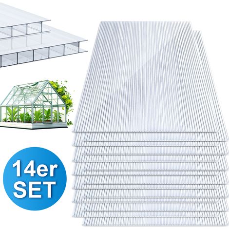 Randaco 14 plaques alvéolaires en polycarbonate 4 mm transparentes, 60,5 x 121 cm, 10,25 m², protection UV pour serre et carport (1/5)